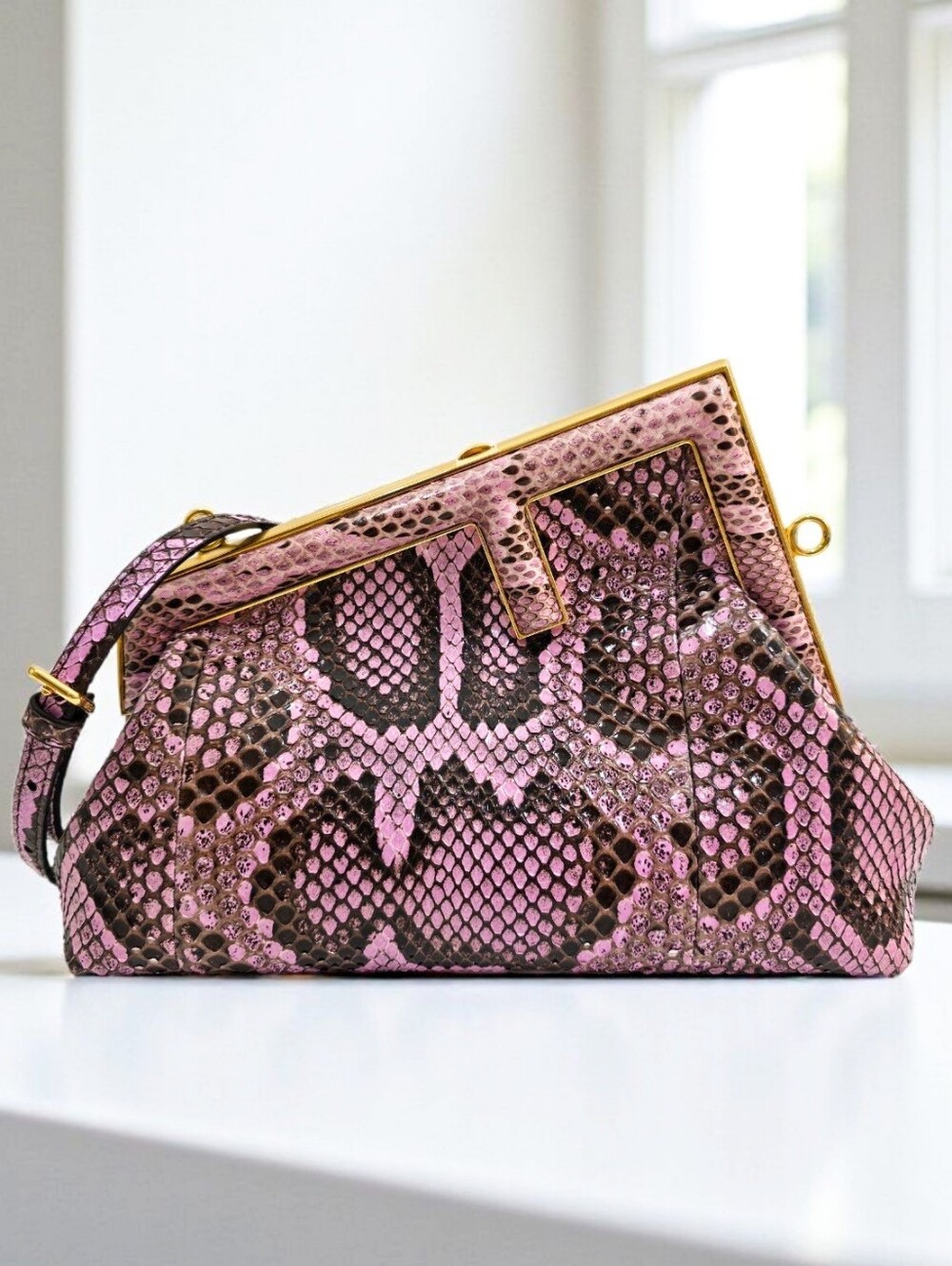 Fendi First Small Python Snakeskin Clutch Crossbody Bag Pink